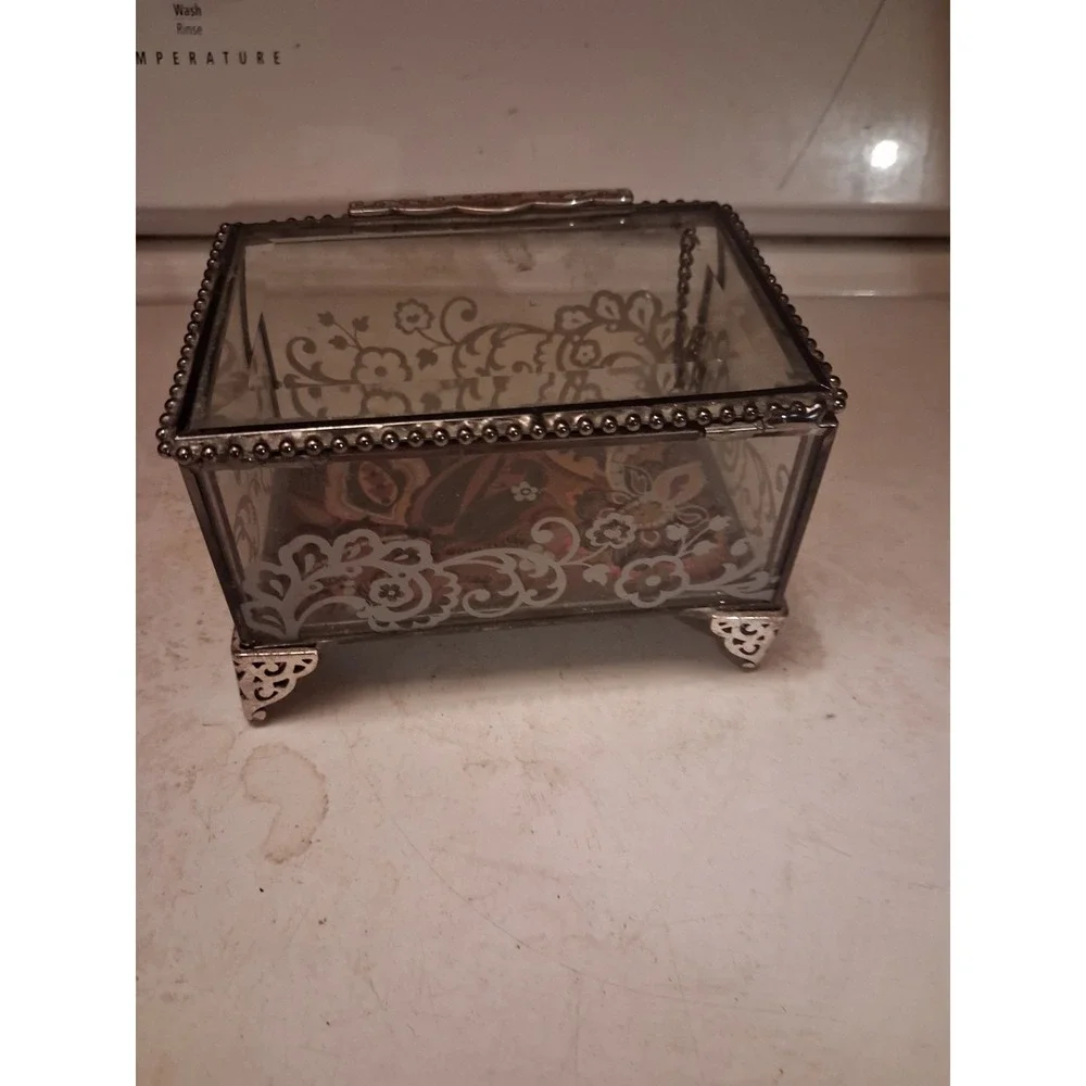 Brighton Silver Hinged Beveled /jewlry Glass Box With Paisly Print 5